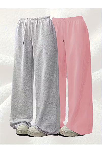 Genel Markalar İKİ ADET PEMBE VE GRİ RAHAT KALIP BOL PAÇA EŞOFMAN ALTI