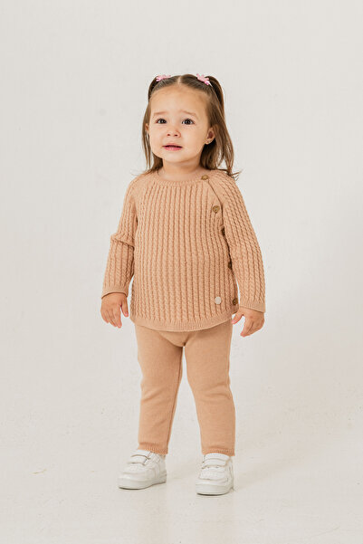 Eray Kids طقم ملابس محبوكة للفتيات الصغيرات من القطن مع أزرار مزخرفة - طقم عل...