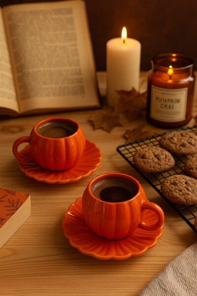 Anadolu Saray 2 Pieces Handmade Pumpkin-Shaped Ceramic Turkish Coffee Cup Set – Autumn Themed