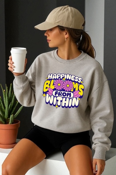 ArtYus Φούτερ Unisex με μακρύ μανίκι Happiness Transfer με τύπωμα με λαιμόκοψ...