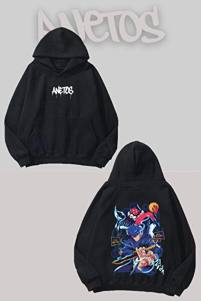 Anetos Solo Leveling Rucsac cu imprimeu Negru cu glugă Swea tricou