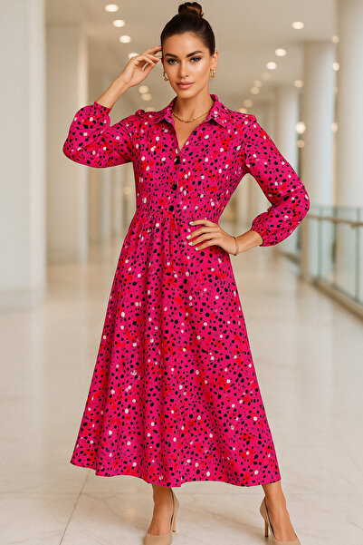 Rich Women's White Fuchsia Long Sleeve Colorful Patterned Buttoned Maxi Dress