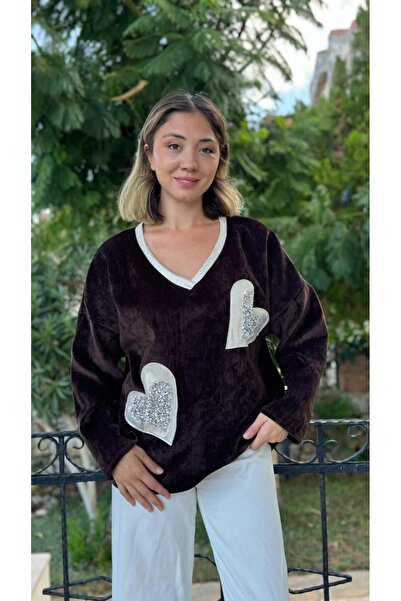 Punta Otantik Ls1119 Italian Heart Pattern Velvet Blouse Brown