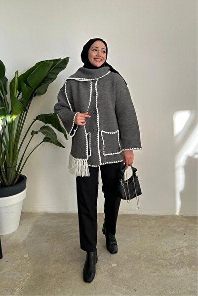 LOBOLIC كارديجان نسائي أنيق ومريح مع تفاصيل الجيب والوشاح