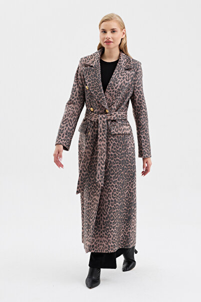 DOLCEBELLA KADIN FLETO CEP DETAYLI KRUVAZE KAPAMA LEOPAR KABAN