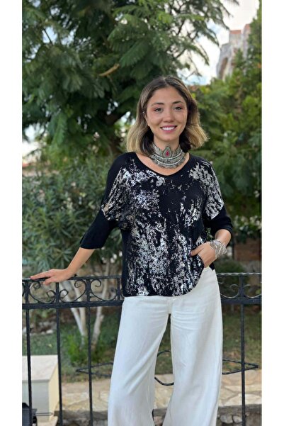 Punta Otantik Nc6016 Italian Fakir Sleeve Printed Thin Knitwear Blouse Black