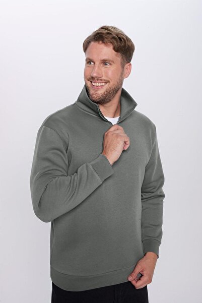 Tudors Unisex Relax Fit Relaxed Cut Cotton Fleece Inside Half Zipper Gray Stand Collar Sweatshirt