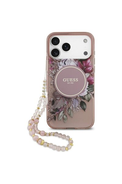 Guess Γνήσια Θήκη iPhone 17 Pro Max IML Λουλούδια με Λουράκι Πέρλες MagSafe, Ροζ