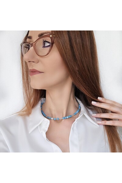 Lexy's Boutique Colier handmade, ajustabil, argint 925, pietre semipretioase angelit, agat, acvamarin, max 44 cm