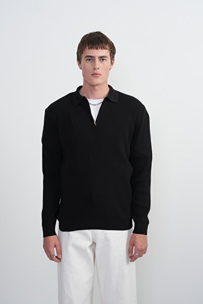 SILVANO Erkek Siyah Basic Uzun Kollu Triko Polo Yaka Tişört