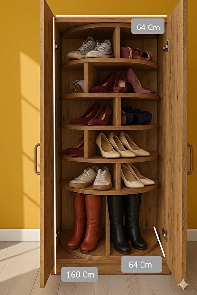 MukoToys 360° Dönen Dolaplı Ayakkabı Rafı 7 Basamaklı Ceviz Mdf