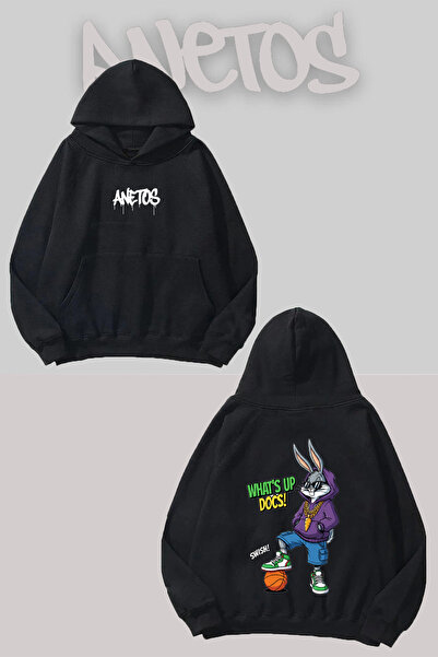 Anetos Φούτερ Bugs Bunny Basketball Νο με τύπωμα Μαύρο με κουκούλα