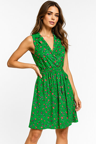Rich Women's Green Floral Print Double Breasted Dress – Tie Waist, Sleeveless