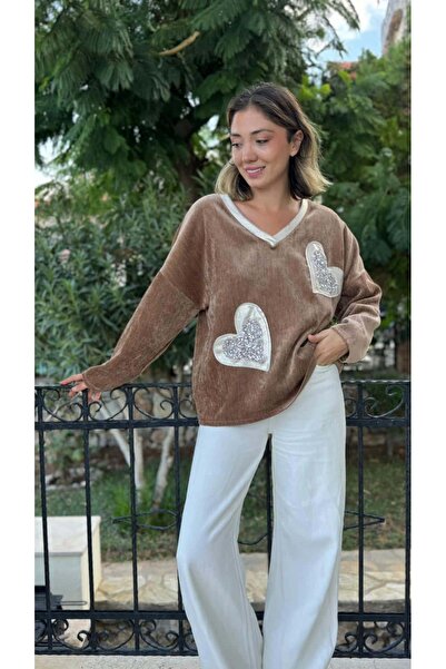 Punta Otantik Ls1119 Italian Heart Pattern Velvet Blouse Camel