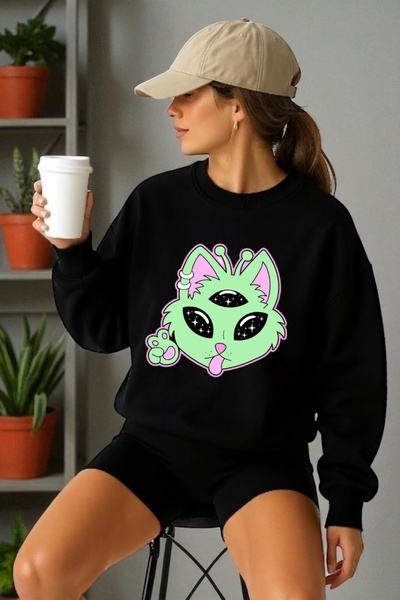 ArtYus Tricou unisex cu mânecă lungă Alien pisică Transfer cu imprimeu guler ...