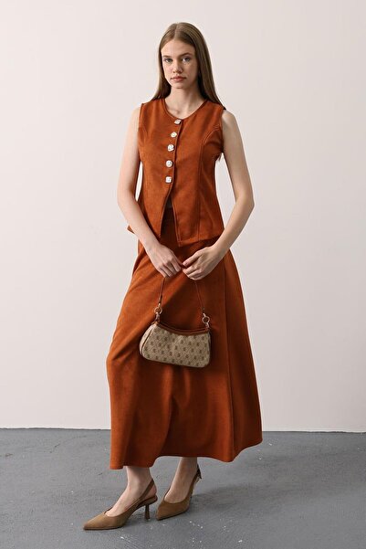 VAGGON Women's Tan Elastic Waist Zipper Closure Basic Midi Length Skirt Vs01250