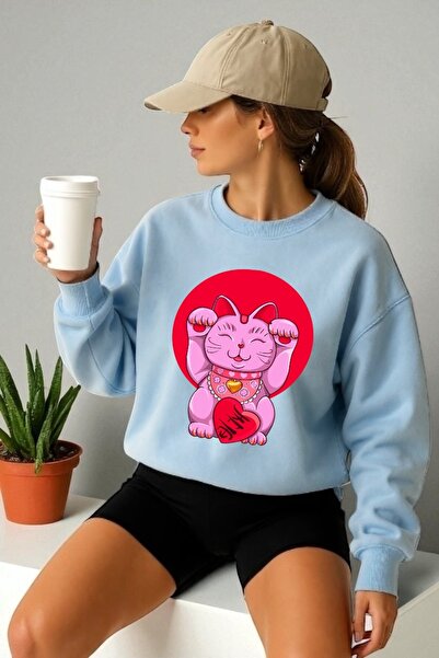 ArtYus سويت شيرت برقبة دائرية وأكمام طويلة للجنسين مطبوع عليه قطة يابانية