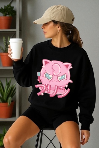 ArtYus Mâneci lungi unisex Jiggle Puff Transfer cu imprimeu guler rotund pies...