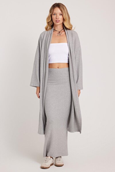 Tudors Kadın Relax Fit Rahat Kesim Uzun Triko Gri Hırka