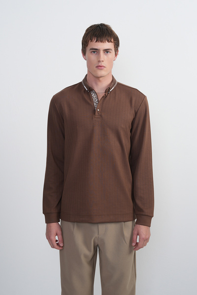 SILVANO Erkek Kahverengi Polo Yaka Uzun Kollu Comfort Fit Çıtçıtlı Tişört