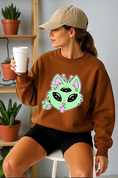 ArtYus Tricou unisex cu mânecă lungă Alien pisică Transfer cu imprimeu guler ...