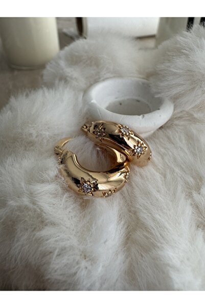 Rod Yıldız Taş Detay Çelik Gold Halka Küpe