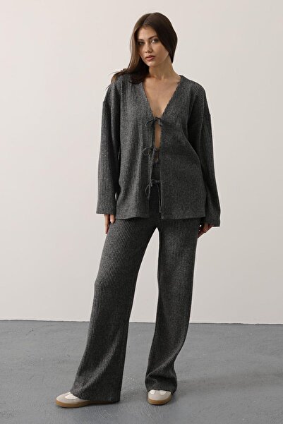 VAGGON Women's Anthracite Elastic Waist Ribbed Knitted Trousers Vs01252