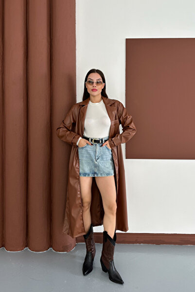 mielva Kadın Kahverengi Kemer Detaylı Deri Trençkot