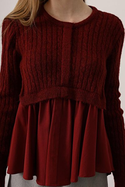 VAGGON Γυναικεία μπλούζα με λεπτομέρεια από πλεκτό μπορντό πάνελ Vs01249