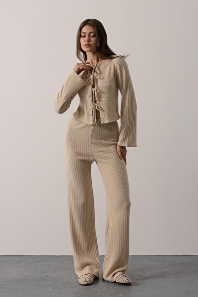 VAGGON Women's Beige Elastic Waist Ribbed Knitted Trousers Vs01252