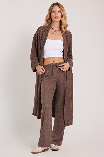 Tudors Kadın Relax Fit Rahat Kesim Uzun Triko Kahverengi Hırka