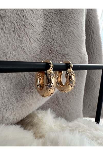 Rod Yıldız Taş Detay Çelik Gold Halka Küpe