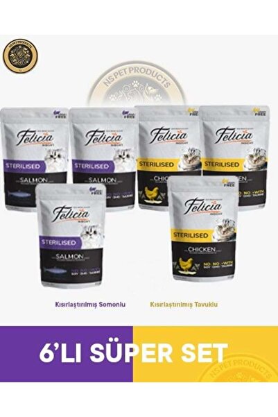 Felicia Pouch Somonlu & Tavuklu Kısırlaştırılmış Kedi Yaş Maması Seti 6x85 gr