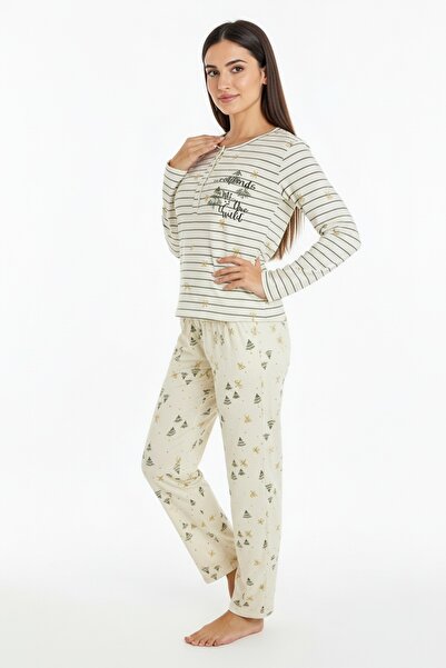 Bravie Elite Viscose Pajama Set with Six Pine Tree Patterns and Text on Top, Long Ecru 3568