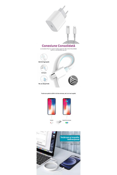 DigikalaX Încărcător compatibil cu iPhone/iPad/AirPods, Cablu de date Lightning, Încărcare rapidă 25W, Alb