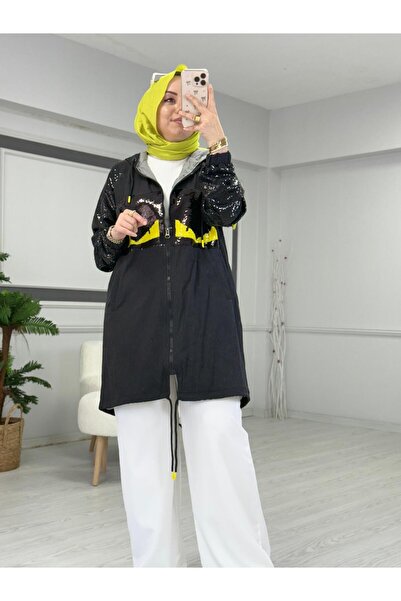 Butik Kardelen Μαύρη καμπαρντίνα με κουκούλα με λεπτομέρεια από παγιέτες