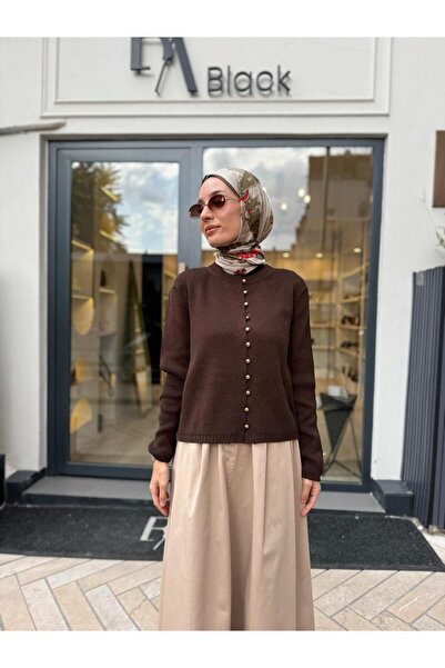 Babil Butik Γυναικεία ζακέτα με μεταλλικά κουμπιά καφέ