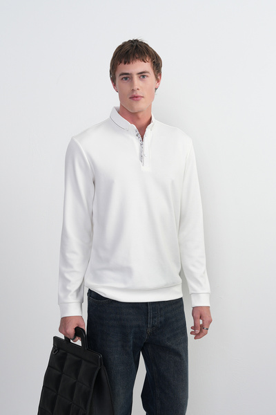 SILVANO Men's Stitching Detail Long Sleeve White Polo Neck T-Shirt