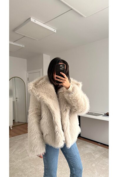 TB Butik Palton din pluș din blană premium, închis cu capse, cu textura moale, antracit