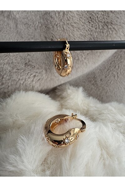 Rod Yıldız Taş Detay Çelik Gold Halka Küpe