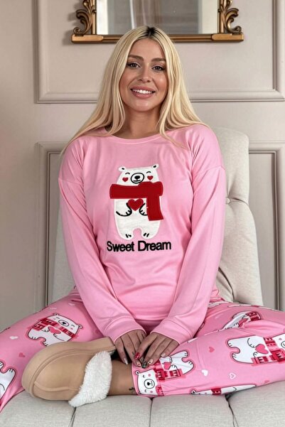 Pijamaevi Pembe Sweet Dream Desenli Termal Kadın Pijama Takımı