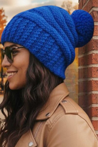 Trenderrs Жіноча зимова шапка з помпоном, в'язана з товстої пряжі