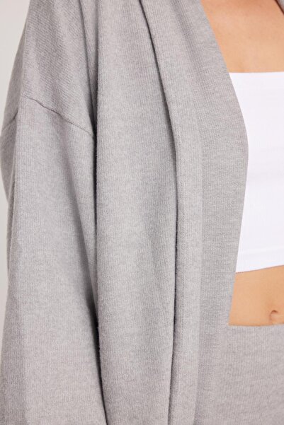 Tudors Kadın Relax Fit Rahat Kesim Uzun Triko Gri Hırka