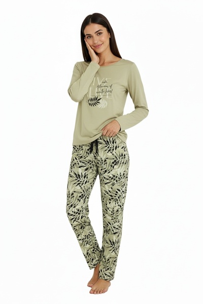 Bravie Elite Viscose Pajama Set with Six Leaf Pattern and Writing on Top Long Green 3559