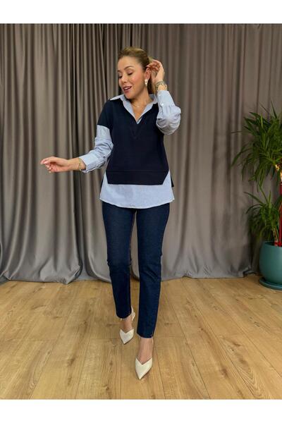 Size Özgü Lacivert Selanik Yaka Süveter Detaylı Gömlek