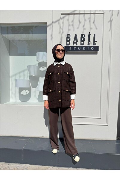 Babil Butik Moon Shirt Detailed Tweed Jacket Brown