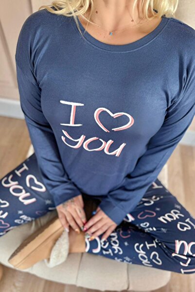 Pijamaevi Lacivert Love You Desenli Termal Kadın Pijama Takımı