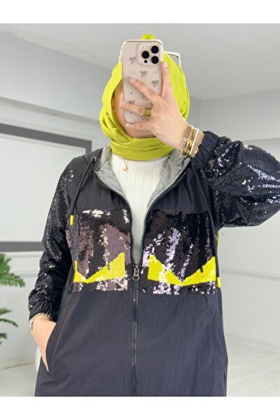 Butik Kardelen Μαύρη καμπαρντίνα με κουκούλα με λεπτομέρεια από παγιέτες