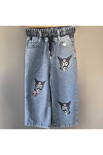 Renata's kız bebek çocuk Kuromi çizgi film karakter nakış işlemeli beli lastikli denim kot pantolon