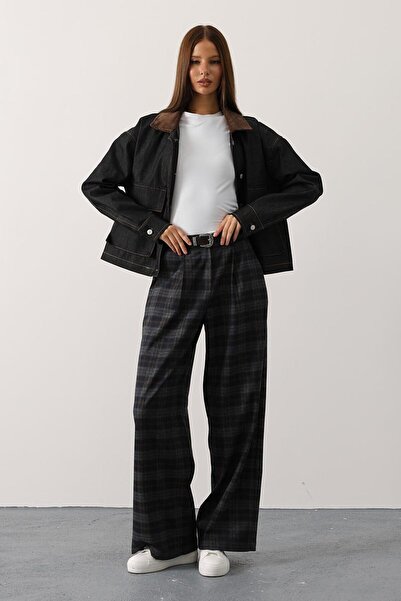 VAGGON Women's Navy Blue Plaid Patterned Belted Palazzo Trousers Vs01243